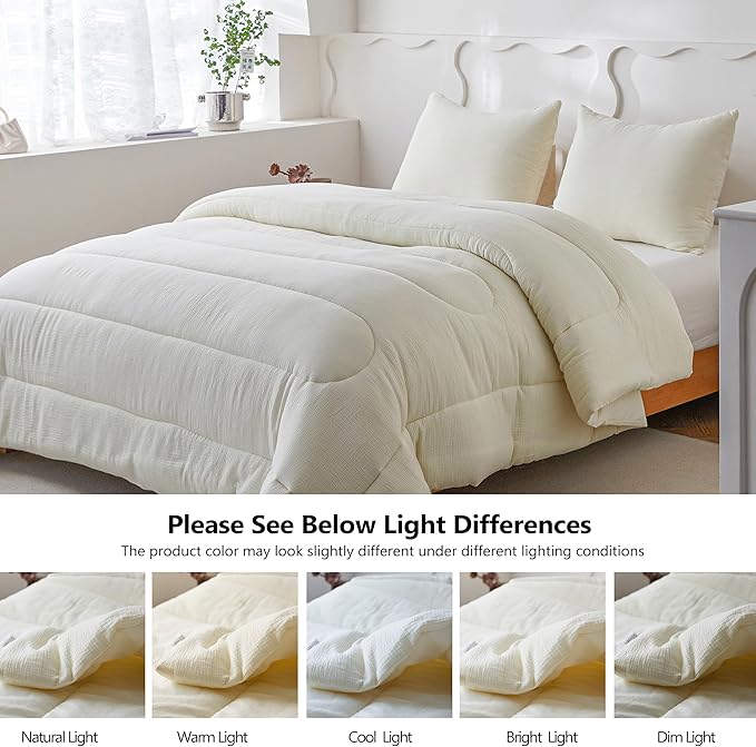 Simple&Opulence 100% Cotton Muslin Comforter Set Queen Size, 3PCS Washed Cotton Gauze Comforter, Soft Lightweight All Seasons Bedding Sets with 2 Pillow Shams(Cream,Queen)