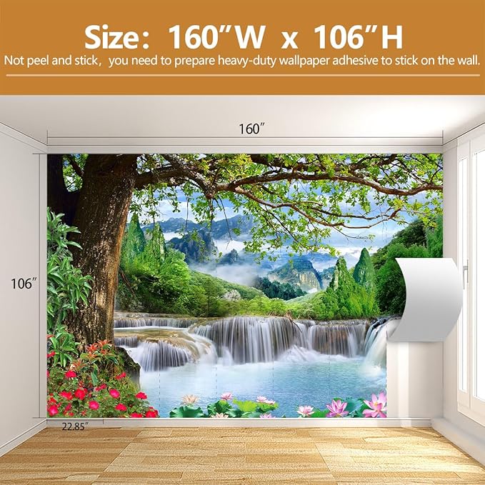 Waterfall Landscape Wallpaper Natural Scenic Wall Mural for Living Room Office（Not Peel and Stick）