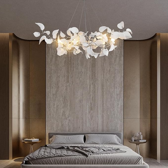 YUYI 47" Ceramic Branch Chandelier, Silver Rectangular Hearted Leaf Chandeliers for Dining Room, Living Room, Kitchen, Foyer, Bedroom, Elegant Art Deco Chandelier Light Fixture