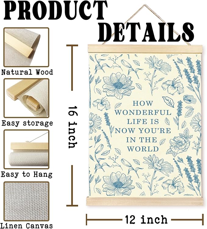 Hiuwevt Floral Nursery Wall Art, Baby Blue Boho Poster Hanger Frame, Kids Room Decor, Neutral Baby Shower Newborn Wall Art Decor for Toddler Girls Room Home Bedroom, 12x16 Inch