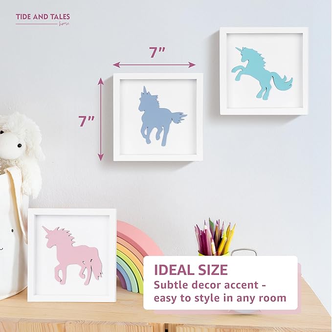 Tide and Tales Unicorn Wall Decor (Set of 3) 3D Framed Unicorn Bedroom Decor for Girls, Pastel Girls Room Decorations, White Wood Nursery Decorations Wall Art, Gift-Boxed
