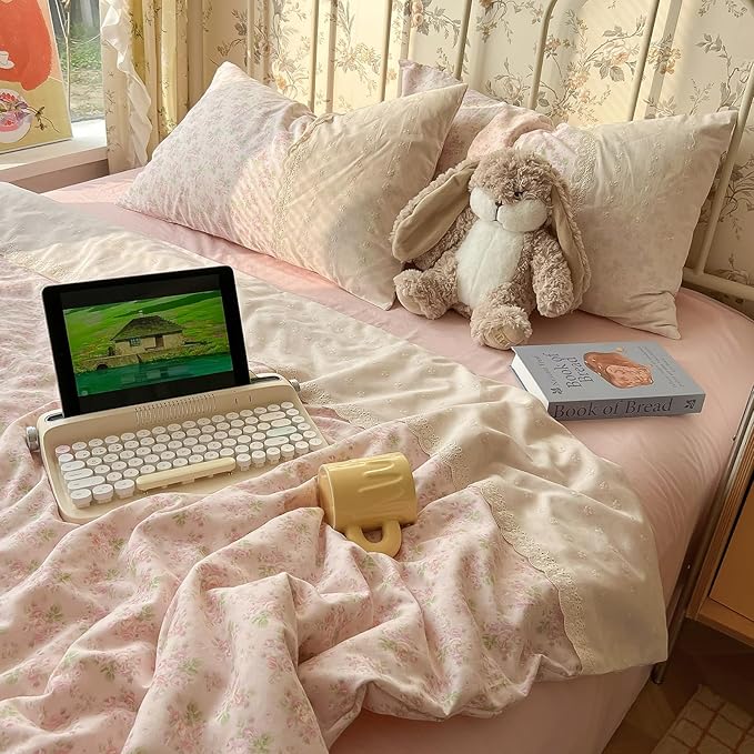LifeTB Pink Floral Duvet Cover King Romantic Lace Bedding Set Garden Style Cottagecore Flower Duvet Cover with Zipper Closure Soft Washed Microfiber Botanical Comforter Cover for Girls Women