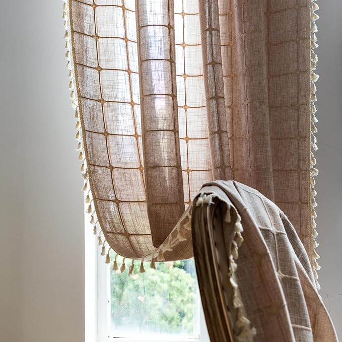 Deeprove Boho Curtains 96 Inches Long for Bedroom, Cotton Linen Light Brown Plaids Embroidery Semi Blackout Bohemian Aesthetic Window Treatment Grids Drape Tassels, 1 Panel W52 x L96 Tan