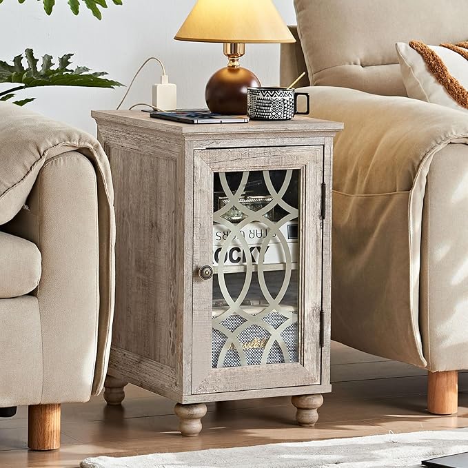 Narrow Side Table with Charging Station Set of 2, Night Stand with Glass Door,Bedside End Tables with Adjustable Shelf Storage Cabinet,Wood Nightstand for Small Spaces Living Room Bedroom
