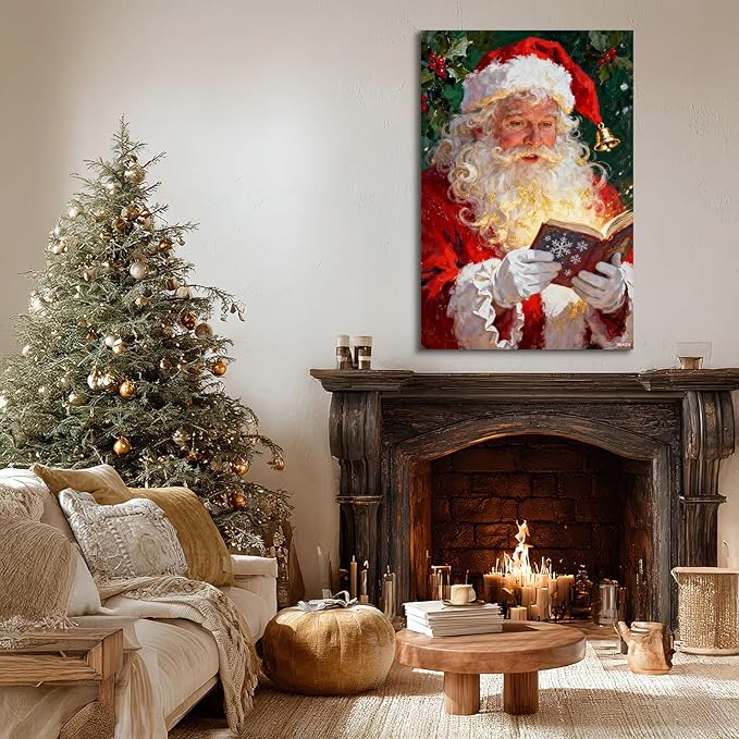 YONICA Christmas Canvas Wall Art Reading Santa 36x46 Inch Oil Painting with Glowing Book and Holly - Large Framed Gallery Wrapped Library Decor