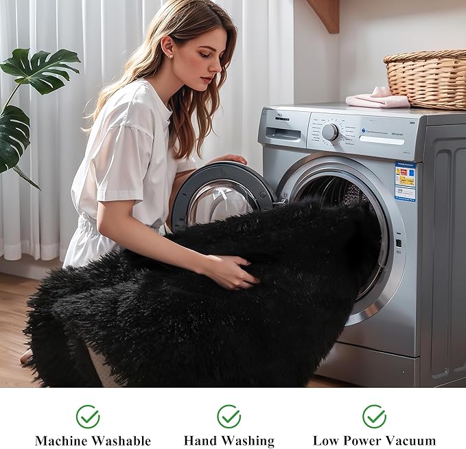 Black Fluffy 9x12 Large Area Rugs for Bedroom Living Room, Soft Washable Shag Carpet for Kids Room, Nursery, Dorm Decor, Colorful Cute Plush Fuzzy Rugs for Baby Toddler