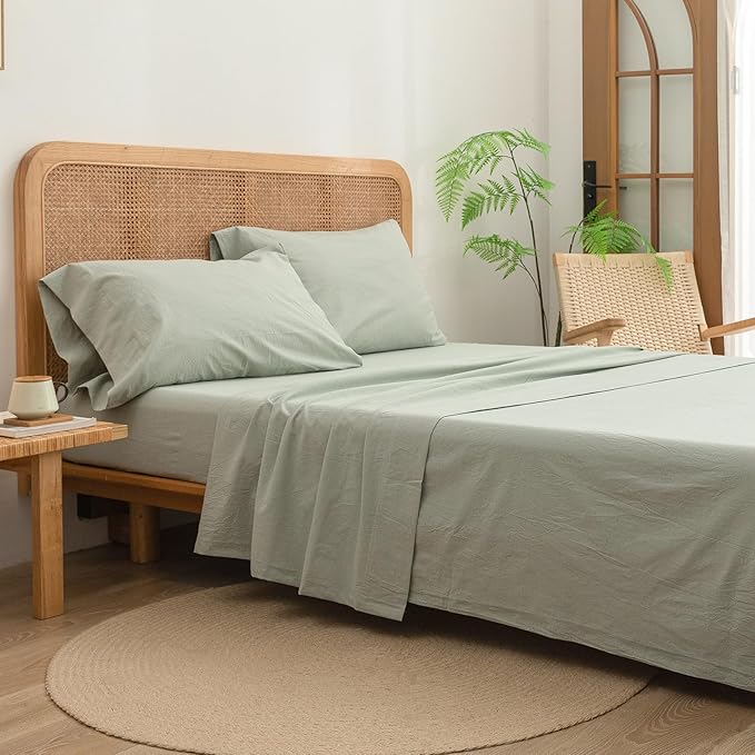 BESTOUCH Sheet Set 100% Washed Cotton Linen Feel Super Soft Comfortable Chic Lightweight 3 Pcs Home Bedding Set Solid Sage Green Twin