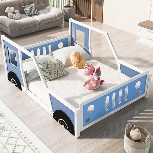 Full Size Classic Car-Shaped Platform Bed Frame for Boys Girls Kids Toddler with Wheels,Blue