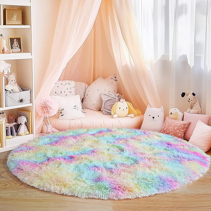 6‘x6’ Rainbow Round Rugs for Girls Bedroom, Ultra Soft Fluffy Circle Rug for Kids Room, Cute Shag Rugs for Living Room Playroom Tent Castle Home Decor Rug