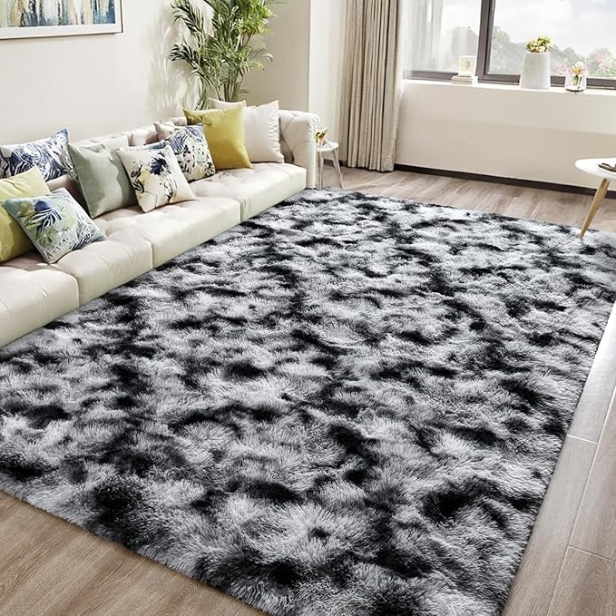 DweIke Fluffy Tie-Dyed Black White Rugs for Bedroom Living Room, 6x9 Large Soft Plush Shaggy Dark Girls Boys Kids Rug, Upgraded Non-Slip and Machine Washable Carpet for Dorm Nursery Classroom Decor