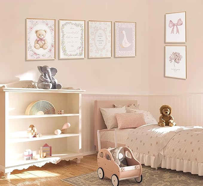 6Pcs Pink Christian Nursery Wall Art Bible Verse Pictures Painting Picture Wall Decor Jesus Aesthetic Scripture Coquette Bow Vintage Floral Poster Print Artwork for Girl Nursery Room Home Decoration