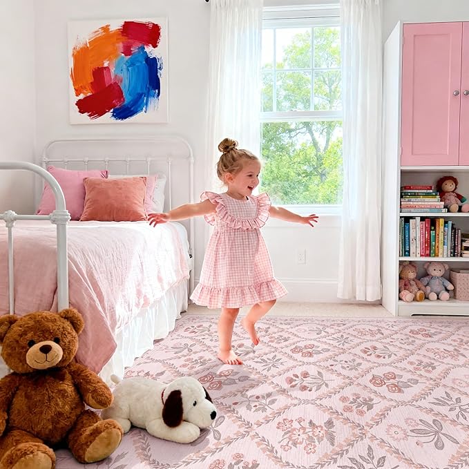 Washable Rug 6x9, Boho Pink Rugs for Bedroom Girls, Cute Pastel Floral Rug for Living Room, Non Slip Low-Pile Nursery Carpet for Kids Room Playroom Dorm, Pink Multi