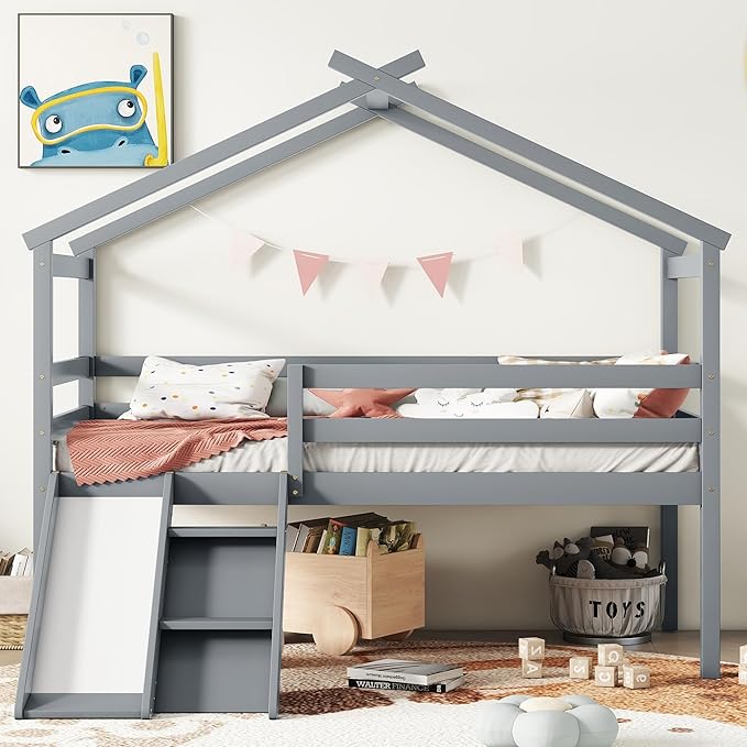 Twin Size Low Loft Bed with Slide and Ladder for Kids Boys Girls, Solid Wood House Roof Loft Bed Frame with Safety Guardrails, Sturdy Slat Support (Grey-50)