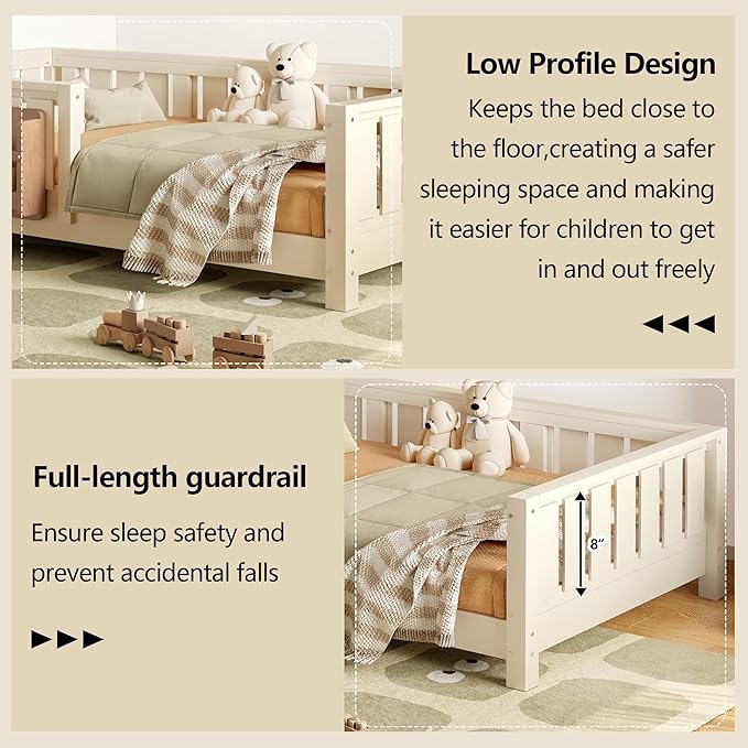 Bellemave Twin Floor Bed with Slats and Safety Guardrail, Twin Size Montessori Floor Bed with Fence and Built-in Bookshelf, Easy Assemble Montessori Beds for Kids, Girls, Boys, Beige