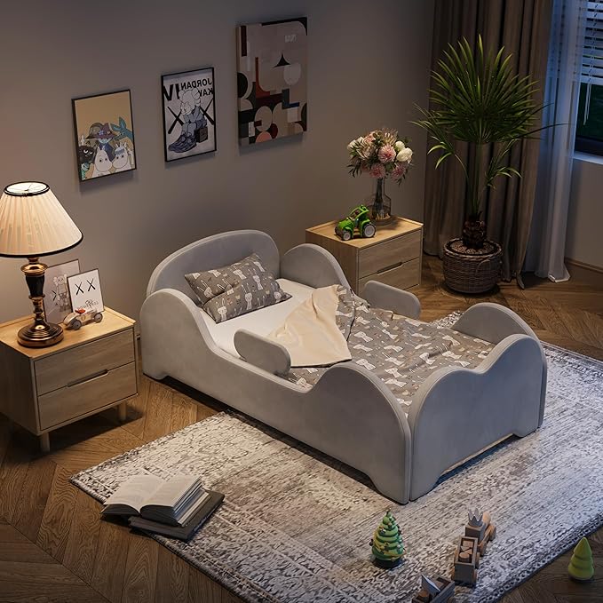 Toddler Bed, Toddler Flood Bed with Extra Safety Broad, Standard Crib Size for Kids, Certified Fabric Toddler Beds, Low to Floor Design (Grey)