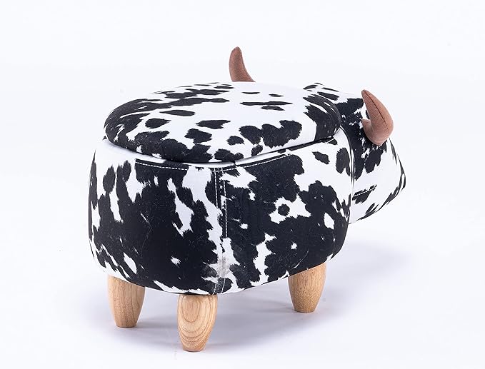 Home 2 Office Cow Ottoman for Kids' Bedroom, Playroom, Nursery, and Living Room, Animal Ottoman with Storage, Footstool for Kids, Black/White