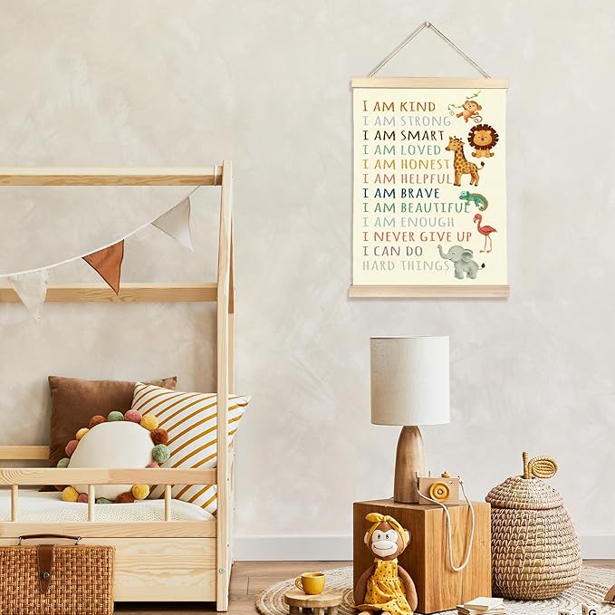 Hiuwevt Positive Affirmations Wall Art, I Am Kind Inspirational Poster Hanger Frame, Baby Wild Animal Nursery Wall Art Home Decor for Kid Boys Girls Toddler Nursery Room Bedroom Playroom, 12x16 Inch