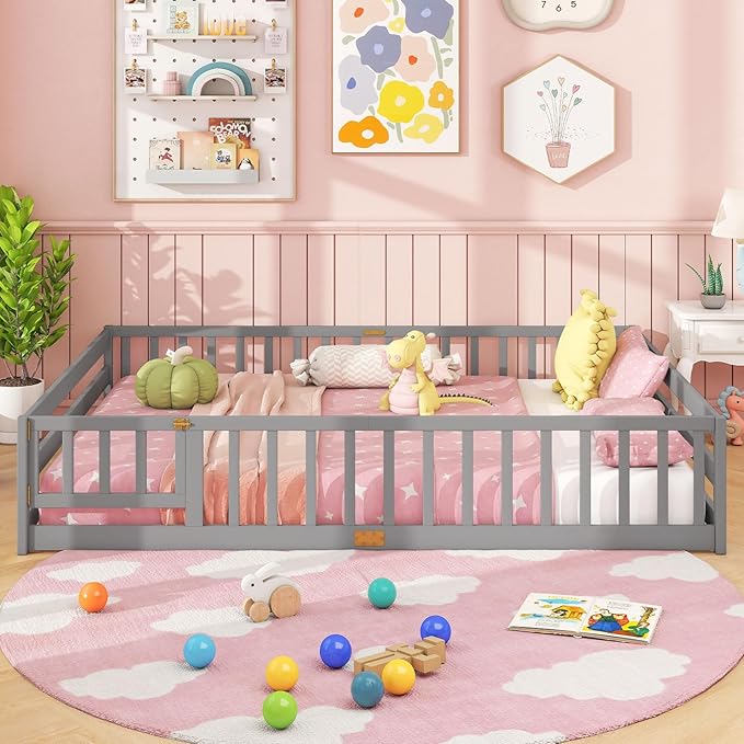 Giantex Queen Floor Bed with Door & Fence, Kids Wood Montessori Beds with Safety Guardrails, Floor Bed Twin for Kids, Boys, Girls, No Box Spring Needed, Grey