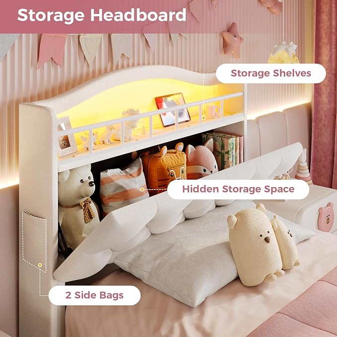 BTHFST Twin Szie Girls Bed with LED Lights & Charging Station, Princess Twin Size Bed Frame with Hidden Storage Headborad, Sturdy Platform Bed, No Box Spring Needed/Noise-Free/Easy Assembly, Beige