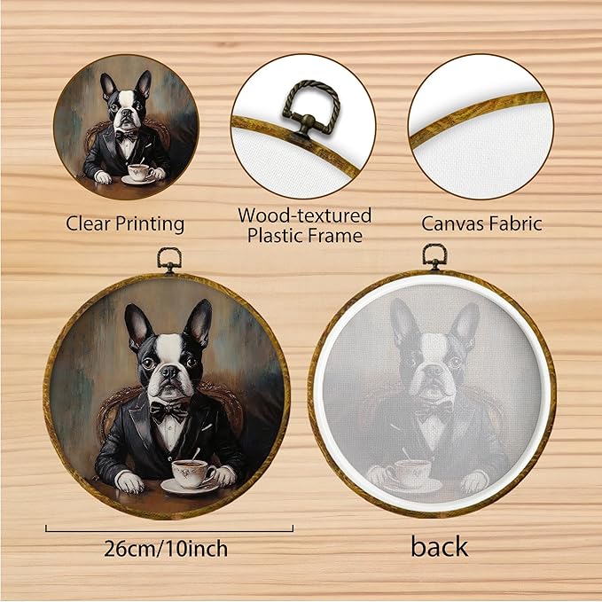 Hiuwevt Vintage Funny Coffee French Bulldog Round Wall Art Decor, Retro Aristocratic French Bulldog Framed Canvas Prints, Pet Round Wall Hanging Decor for Bedroom Home Decorations, 10x10 Inches