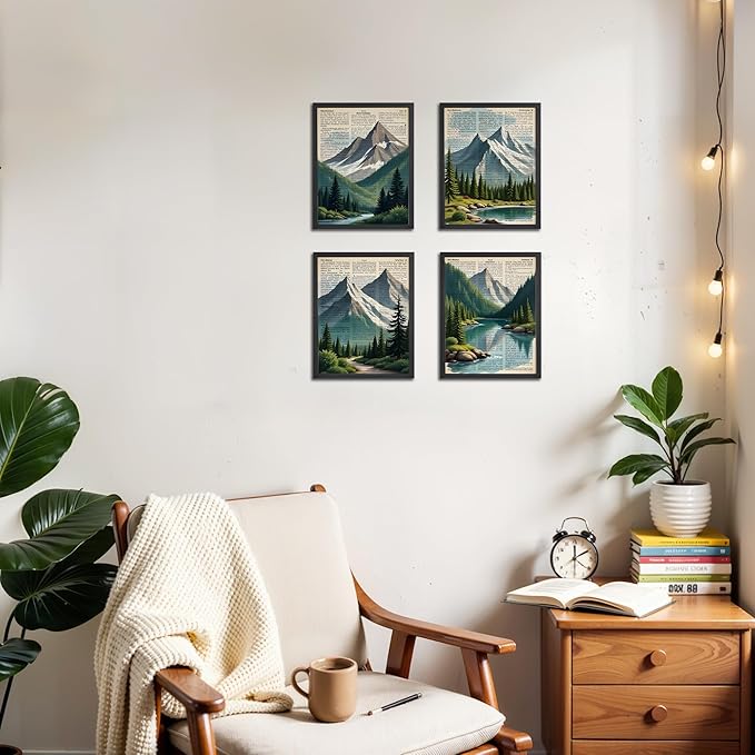 OFJE Vintage Forest Mountain Wall Art Decor Prints Set of 4, Retro Nature Landscape Wall Art Posters Decor for Home Bedroom Living Room, 8x10 Unframed