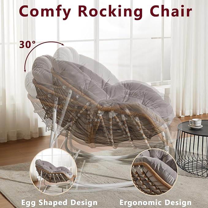 Oversized Outdoor Papasan Rocking Chair with Soft Cushion, Comfy Patio Egg Chair, Wicker Lounge Rocker for Balcony/Porch/Garden, Reinforced All Weather Rattan Frame, 330 lbs Support, Light Grey