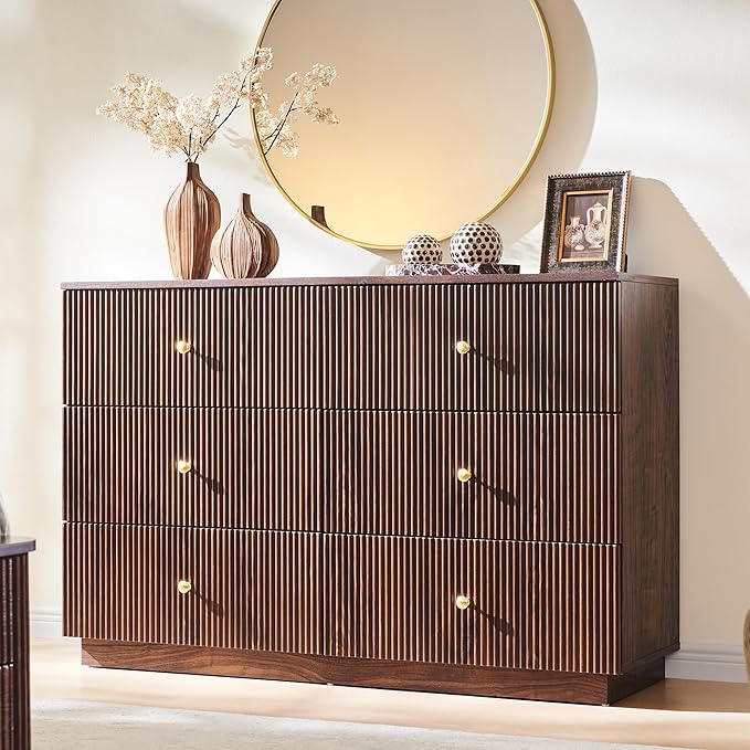 Fluted Dresser for Bedroom, 47" 6 Drawer Dressers, Wood Tall Dresser Storage Organizer, Modern Chest of Drawers with Deep Storage for Closet Hallway, Entryway, Living Room, Brown