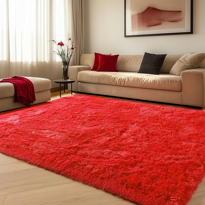 ONASAR Red Rugs for Living Room Bedroom, 5x8 Washable Fluffy Bedside Area Rug, Soft Plush Shaggy Indoor Floor Carpet for Nursery Kids Girls Boys Teen Dorm Home Office Decor Aesthetic
