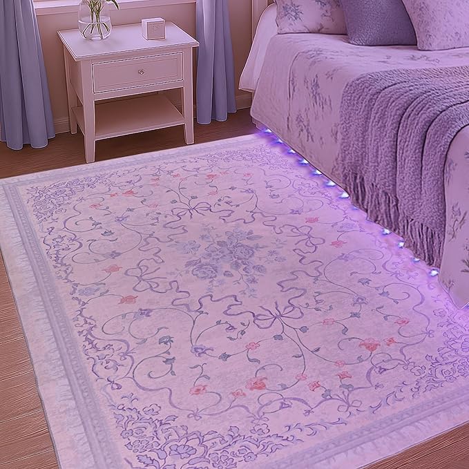 Pastel Purple Rug for Bedroom Dorm Kids Play Room - Light Lavender Blue Pink 5x7 Washable Whimsical Fairy Bow Floral Fun Area Rug for Girls Room Nursery Toddler