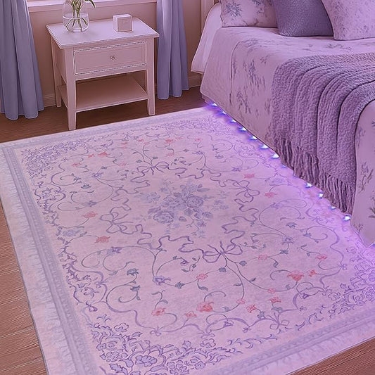 Pastel Purple Rug for Bedroom Dorm Kids Play Room - Light Lavender Blue Pink 5x7 Washable Whimsical Fairy Bow Floral Fun Area Rug for Girls Room Nursery Toddler