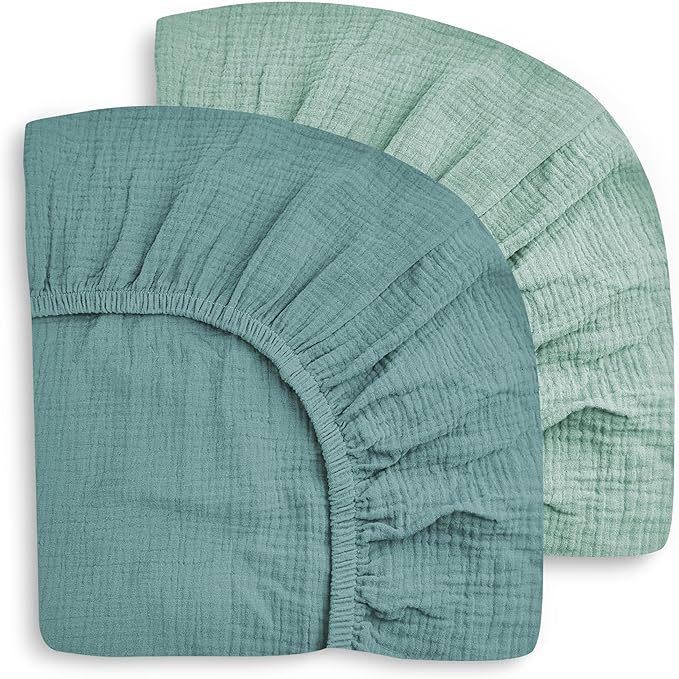 SWEET DOLPHIN 2-Pack Muslin Crib Sheets for Boys & Girls, Ultra Soft Breathable 40S Long-Staple Cotton Fitted Baby Sheets for Standard Crib Mattress 52"x28", Light Teal- Nursery Essentials
