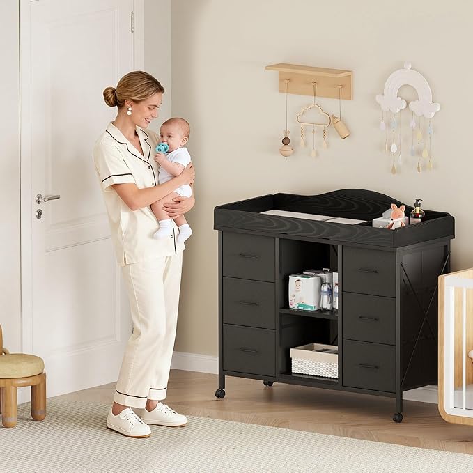 Changing Table, 6-Drawer Baby Dresser with Changing Table top,Waterproof Diaper Changing Station & Pad, 2 Height-Adjustable Open Storage Shelves, Mobile Nursery Organizer, Black
