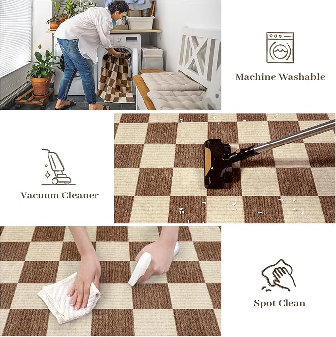 Machine Washable 5x7 Area Rugs for Living Room Checkered, Non Slip Soft Low Pile Farmhouse Geometric Modern Neutral Playroom Boys Rugs for Bedroom, Large Carpet Rugs for Dining Room(Dark Brown,5'x7')