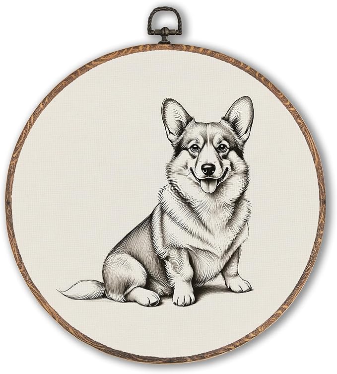 Vintage Welsh Corgi Round Wall Art Framed, Retro Weiner Dog Round Wall Decor, Welsh Corgi Weiner Dog Gifts Hanging Canvas Print Wall Sculpture for Bedroom Living Room Decor, 10x10 Inch