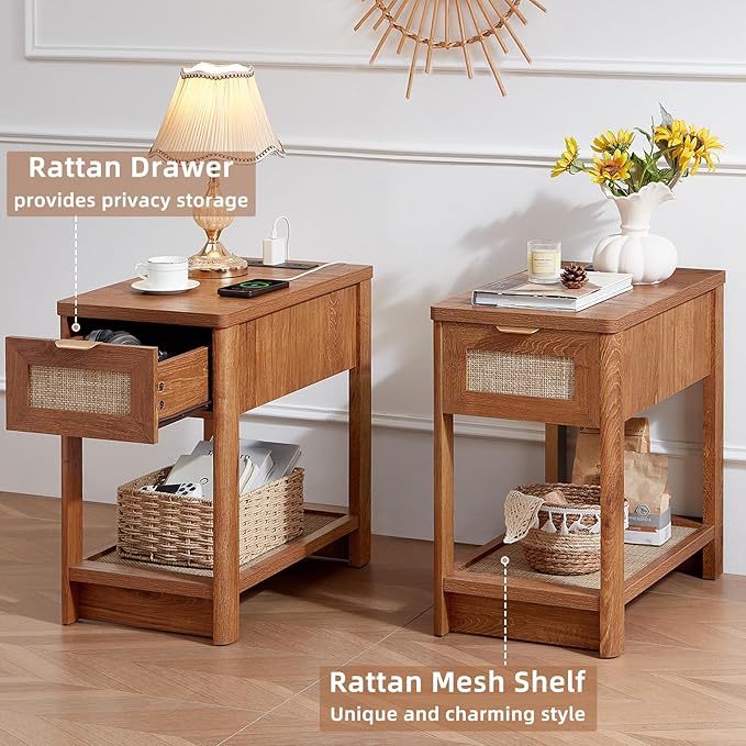 Lerliuo Narrow Night Stand with Charging Station, Boho Nightstand with Drawer, Bed Side End Table with Rattan Shelf for Small Spaces, Wood Nightstands Bedside Tables for Living Room Bedroom