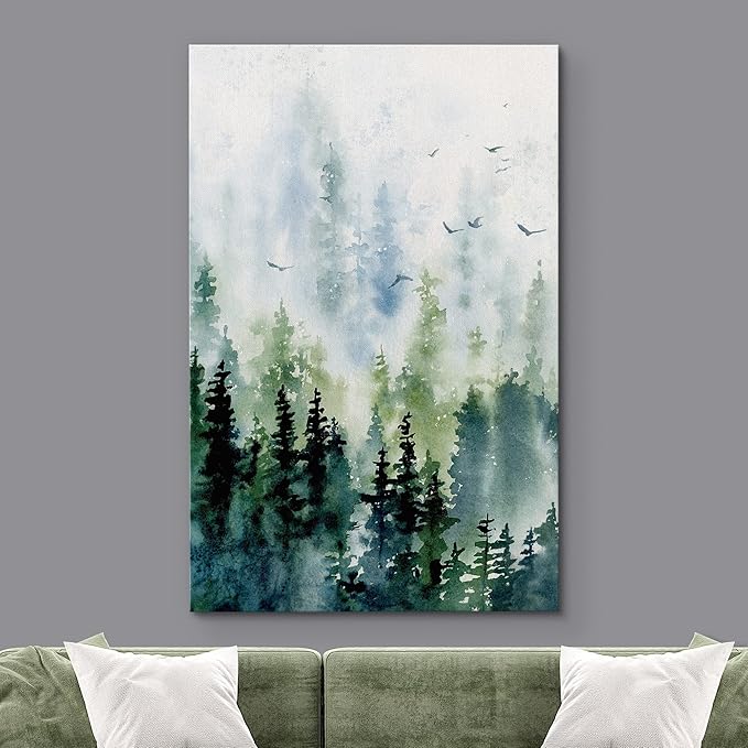 SIGNWIN Canvas Print Wall Art Woodland Nursery Decor Watercolor Pastel Pine Tree Bird Sky Nature Illustrations Modern Art Decorative Landscape Colorful for Living Room, Bedroom, Office - 24"x36"