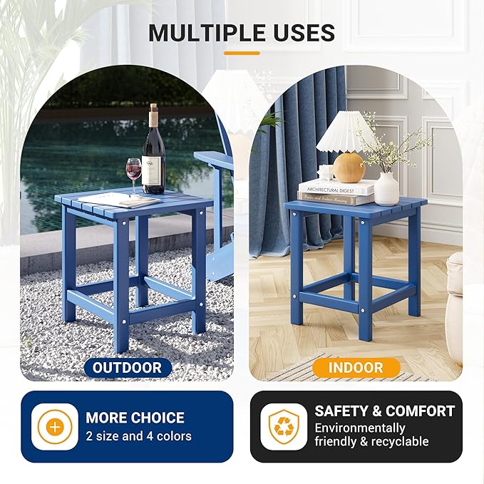 UDPATIO Small Side Table, 16x16x17.8 in, Blue, Adirondack Table, Indoor & Outdoor Use