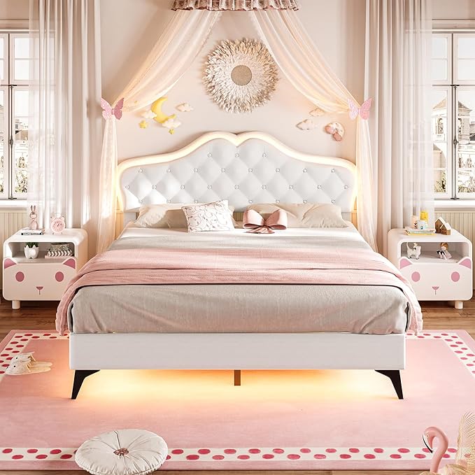 BTHFST Queen Size Upholstered Bed Frame with LED Lights, Adjustable Headboard with Crystal Button, Princess Platform Bed for Girls, Solid Wood Slats Support, No Box Spring Needed, Beige