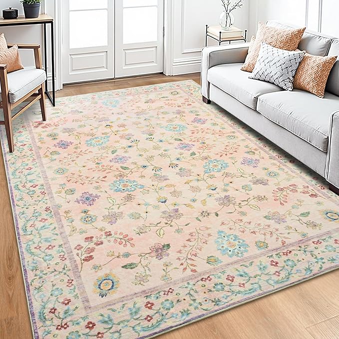 6x9 Rugs for Living Room, Pink Washable Floral Area Rug for Bedroom, Soft Non Slip Indoor Low Pile Carpet for Kitchen Dining Room, Large Boho Throw Carpets for Nursery Office Dorm Playroom Home Decor