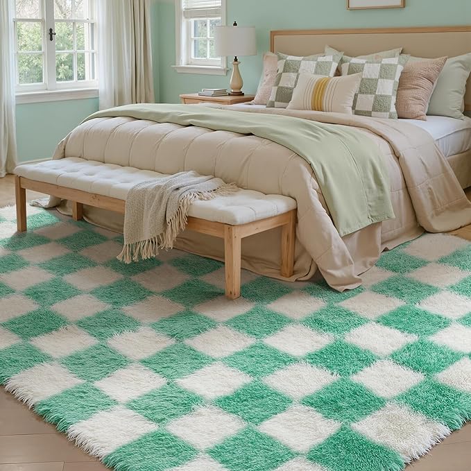 Checkered Rug 6x9 for Living Room, Green and White Modern Shag Rug Washable Non-Slip Large Area Rug Super Soft Indoor Fuzzy Carpet Fluffy Rugs for Bedroom Home Aesthetic Decor