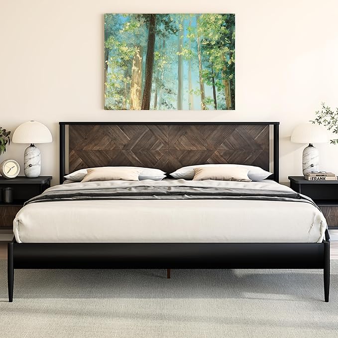 Lenia 14 Inch Premium Solid Wood Bed Frame with Headboard, Rustic Farmhouse Style Platform Bed Made of 100% Solid Acacia Wood, No Box Spring Needed, King Size, Rustic Mocha Black (Lenia Collection)