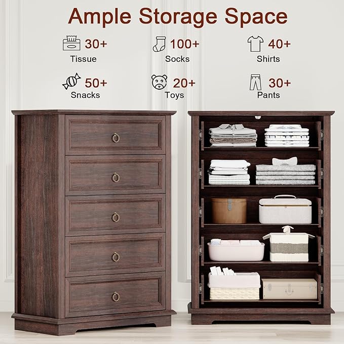 5 Drawer Dresser, Chest of Drawers with Double Anti-Tip, Modern Tall Dresser Organizer for Bedroom, Living Room & Hallway – Easy Assembly Storage Cabinet, Espresso