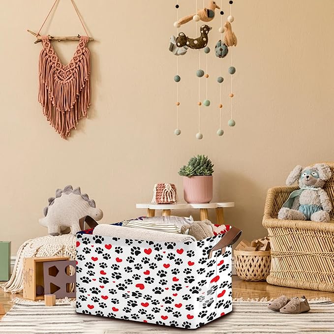 Paw Print Storage Basket Large 17x11.5x10.5 Inche-Collapsible Fabric Organizer Bin with Handles for Pet Lovers, Nursery, Bedroom-Foldable Decorative Hamper with Heart & Paw Design-Single Pack