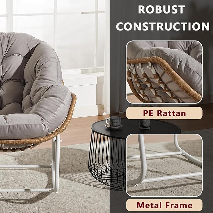Oversized Outdoor Papasan Rocking Chair Set of 2 with Soft Cushion, Comfy Patio Egg Chair, Wicker Lounge Rocker for Balcony/Porch/Garden, Reinforced All Weather Rattan Frame, Light Grey