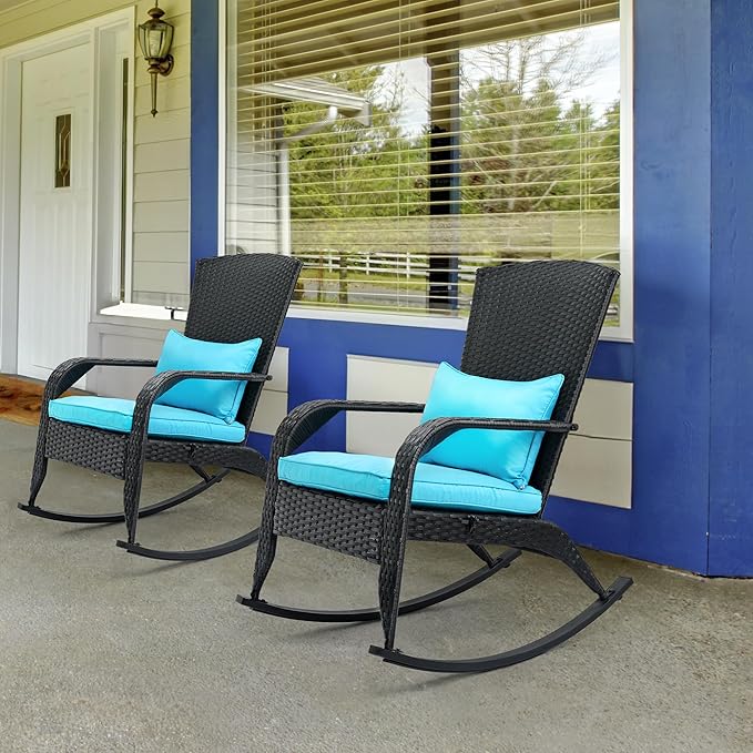 Outdoor Rocking Chair- Outdoor Glider Teal Rattan Rocking Chair with Heavy Duty Steel Frame- All Weather Rocker Chair for Garden, Porch, Backyard, Poolside (Black Rattan, 320lbs)