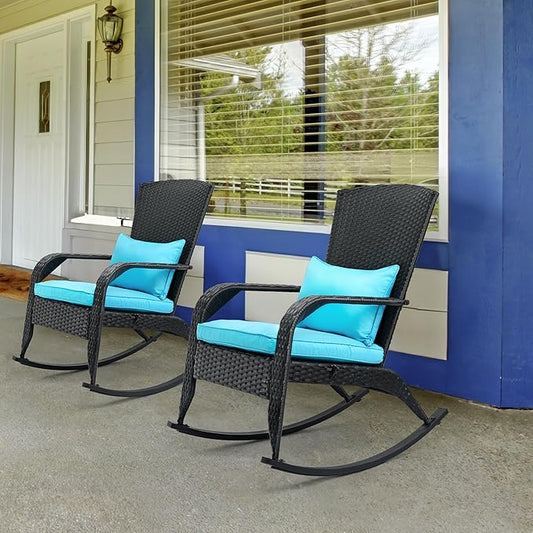 Outdoor Rocking Chair Set of 2- Outdoor Rattan Rocker Chair with Heavy-Duty Steel Frame- All Weather Rocker Chair for Garden, Porch, Poolside, Backyard (Black and Blue, 320lbs)