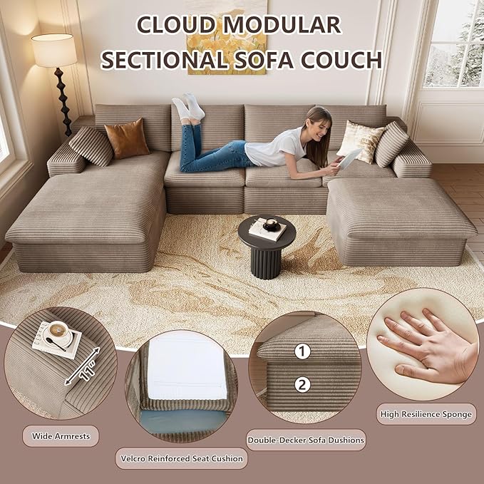 136" Cloud Modular Sectional Sofa with 1 Ottoman, Modern Upholstered Corduroy Couches, Deep Seat Boneless Couch, Comfort U Shaped Sofa for Living Room, No Assembly Required(Camel,Left Facing Chaise)