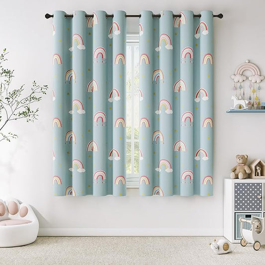 Vangao Boho Girls Blackout Curtains Pastel Blue for Kids Room 63 Inch Length, Rainbow Window Drapes for Living Room Nursery Thermal Grommet Insulated Room Darkening Curtains Bedroom, 2 Panels