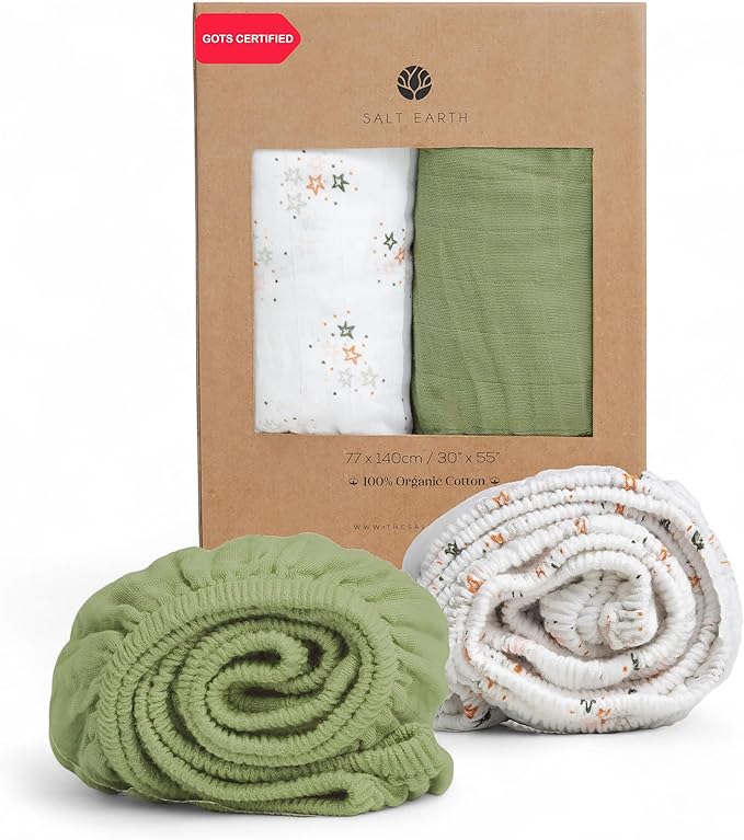 Salt Earth 100% Organic Cotton Muslin Standard Fitted Crib Sheet, 52"x28", 2 Pack Soft Breathable Natural Cotton Sheets Baby Mattress Bed Sheets, No Slip Neutral Baby Crib Sheet (Green & Star)