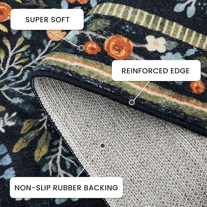 Area Rugs for Living Room 5x7, Washable Non-Slip Thin Floral Vintage Boho Rug for Bedroom Dining Room Office, Non-Slip Rug for Kitchen Indoor Lightweight Carpet, Black/Multi